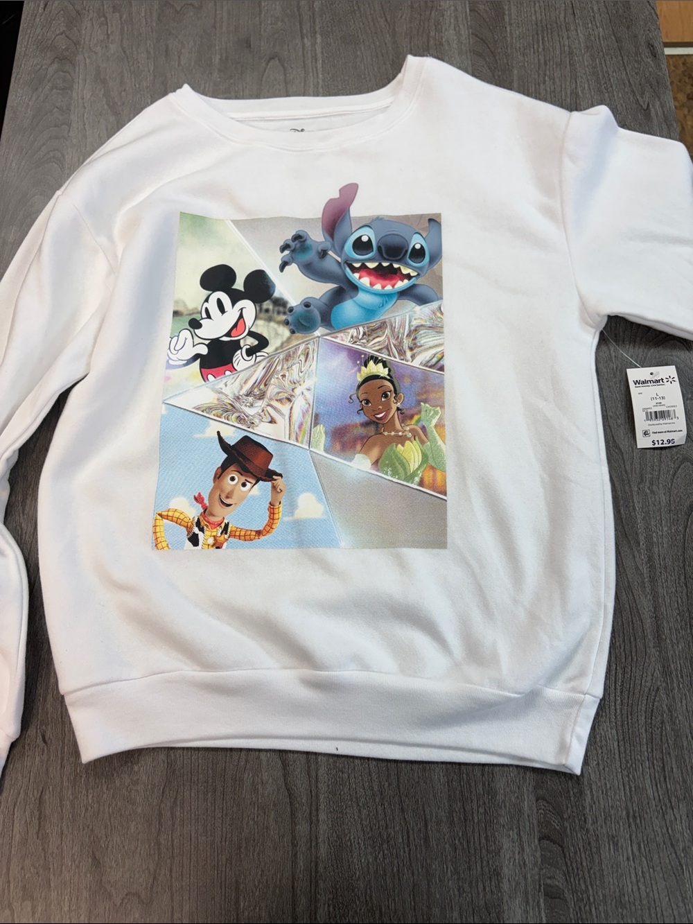 Disney Characters White Womens Sweatshirt - Mickey, Stitch, Woody & Tiana